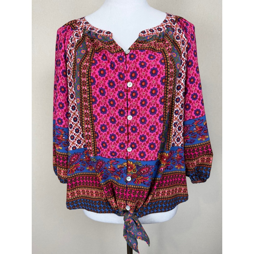 Figueroa & Flower Women's PL Pink Blue Patchwork Tie Front Blouse Casual Boho